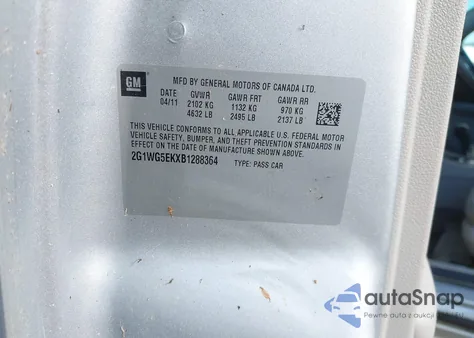 2011 Chevrolet Impala Lt z USA, uszkodzony, nr VIN 2G1WG5EKXB1288364